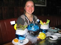  The shrimp cocktails come with dry ice beneath the plates..