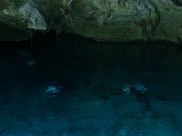  Our group departs the cenote at Dos Ojos (diving visible below water)